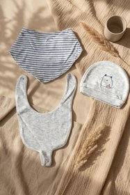 Resim Babydonat Lumi Marin 3'lü Bebek Seti - %100 Pamuklu Çizgili Bandana Mama Önlüğü, Çıtçıtlı Önlük Ve Kedi Nakışl 