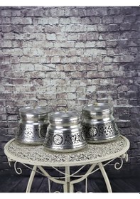 Resim 3 Lü Orta Boy Kalaylı Kapaklı Eskitme Bakır Baharatlık Bakır 