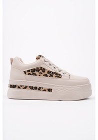 Resim Muggo Zarina Kadın Kalın Taban Leopar Desenli Bağcıklı Günlük Sneaker Spor Ayakkabı Ten 