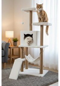 Resim Missidea S9 Kedi Tırmalama Kulesi Platformlu 124 Cm Beyaz 