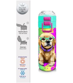 Resim Coral High Kids Mor Pembe Köpek Desenli Pipetli Ve Direkt İçim Çelik Termos 500 Ml 31813 Mor - Açık Pembe 