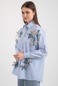 Resim Hatun Atila Kadın Organze Çiçekli Çizgili Gömlek 7946 - Bebek Mavisi - Bebek Mavisi / S 