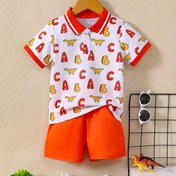 Resim Erkek Çocuklar için 2 Parça Dinozor Baskılı Kısa Kollu Gömlek & Elastik Bel Şort Takımı - Gençler için Canlı Yazlık Kıyafet, Bakımı Kolay Polyester Kumaş, Dış Mekanlar için Mükemmel 
