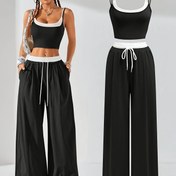 Resim Kadınlar için şık bahar/yaz iki-in-one kontrast renkli kolsuz üst ve renk bloğu geniş paça pantolon - Polyester, bağcıklı, şık şehir tarzı 