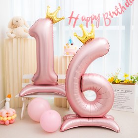 Resim 1 Adet Pembe Taçlı Sayı Balonları Seti, Doğum Günü, Yıldönümü, Nişan Partisi Süslemeleri için 42 İnç Ayakta Duran Folyo Rakamları 0-9, Alüminyum Film Balonları, Elektrik Gerekmez 