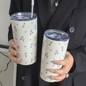 Resim 1 adet, Mor Sevgi Laleli Termos Bardak, Çift Duvarlı Paslanmaz Çelik Su Şişesi, Su Bardakları, Yaz Kış İçecek Kapları, Seyahat Aksesuarları, Hediyeler, Pipetsiz 