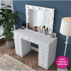 Resim Rani Mobilya Rani Bj119 Hollywood Işıklı Aynalı Kulis Makyaj Masası Takı Düzenleyici Beyaz 