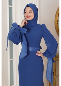 Resim Raika Moda Kol Detaylı Firuze Şifon Tesettür Abiye İndigo 