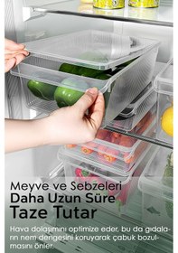 Resim 9'lu Kapaklı Buzdolabı Düzenleyici Set - Meyve Sebze Saklama Kabı Dolap İçi Organizer 3x 4-6-8 Lt Şeffaf 