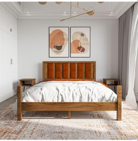 Resim Orion Model Kiremit Renk Puflu Başlıklı Ceviz Renk Çam Ahşap Karyola Ve İki Komodin Set-242 160 x 200 CM 