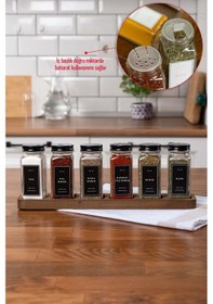 Resim Mienda Home 6'lı Cam Baharatlık Seti Siyah Kapaklı-etiketli Ahşap Standlı Baharatlık Seti-mh01syh06 Siyah - Şeffaf 