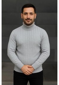 Resim Erkek Balıkcı Yaka Bağazlı Triko Kazak Pamuklu Kalın Fitilli Dokuma, Regular Fit Uzun Kollu Kışlık M Gri 