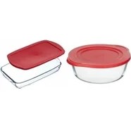Resim Borcam Yuvarlak Tencere Plastik Kırmızı Kapaklı, 2100 cc + Kırmızı Plastik Kapaklı, Şeffaf Cam Fırın Kabı, 33 cm 
