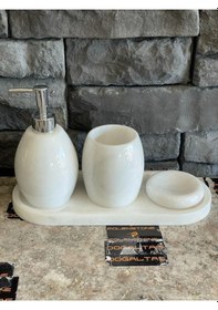 Resim Beyaz Doğal Mermer Gümüş Aksesuarlı Oval 4'lü Elips Tepsili Banyo Seti Beyaz 