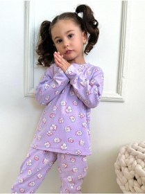 Resim Kız Çocuk Fitilli Kumaş Çiçek Desenli Pijama Takımı Esnek Kumaş Yeni Sezon Mor Renk Mor 