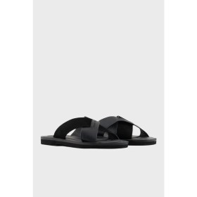 Resim Emporio Armani Deri ve Süet Detaylı Çapraz Çift Bantlı Terlik Erkek Terlik X4P124 XR340 K001 