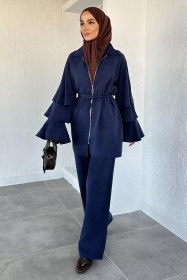 Resim Gülseli Kol Fırfırlı Tunik Bel Lastikli Pantolon Tesettür İkili Takım Lacivert TZL-P-00020481 
