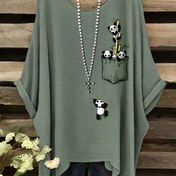 Resim Plus Beden, Bohemian Chic Oversize Minimalist Panda Baskılı Düzensiz Etek Yuvarlak Yaka Tişört - Şık ve Çok Amaçlı, Tüm Mevsimler İçin Uygun, Makinede Yıkanabilir - Aksesuarsız 
