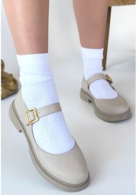 Resim Kadın Bej Bilekten Bağlamalı Loafer Ayakkabı - Yokox Çok Renkli 