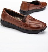 Resim Büyük Numara Hakiki Deri Kadın Günlük Ortopedik Ayakkabı Taba Yüzü Nakışlı-3507 Taba 