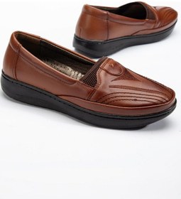 Resim Büyük Numara Hakiki Deri Kadın Günlük Ortopedik Ayakkabı Taba Yüzü Nakışlı-3507 Taba 