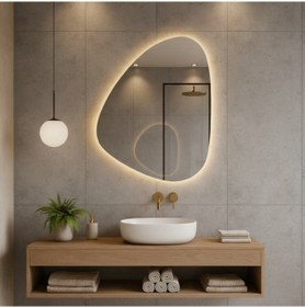 Resim 75x102 Cm Modern Asimetrik Led Banyo Aynası Dokunmatik Sensörlü, Dimmerli, 3000k Günışığı Sarı 