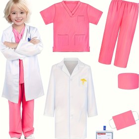 Resim V yaka üst + pantolon + şapka + düğmeler + göğüs kartı + nakışlı beyaz ceketten oluşan 6 parça takım, 3-7 Yaş Çocuk Doktor Kostümü Hemşire Üniforması Oyun Evi Beyaz Ceket Anaokulu Profesyonel Cerrahi Takımı Rol Yapma Performans Kostümleri Küçük Kız Parti Tatil Giyim Karnaval, Mardi Gras, Karnaval Çocuklar için Doktor Profesyonel Elbise Doğum Günü Oyun Kostümü 