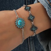 Resim Vintage Etnik Tarz Taklit Turkuaz Çiçek Desenli Bileklik Seti 2'li, Rastgele Desenli Desenler, Alaşım Malzeme, Kaplama Beyaz, Günlük Giyim İçin, Tüm Mevsimler 
