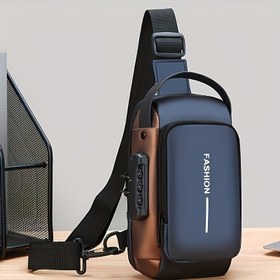 Resim Erkekler için Telefon Cebi ve Fermuarlı Oxford Çapraz Çanta - İki Tonlu Mavi & Altın Renkli, Günlük Kullanım İçin Ayarlanabilir Kayışlı Hırsızlığa Karşı Motosiklet Askılı Çantası, Günlük Geziler, Güvenli Seyahat Kılıfı, Şık Tasarım 
