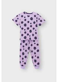 Resim Zuzunga Mor Papatya Desenli T-shirt-şort Kız Çocuk Pijama Takımı Lila 