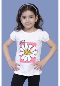 Resim Toontoy Kids Toontoy Kız Çocuk Papatya Baskılı Taş İşlemeli Tişört Ekru 