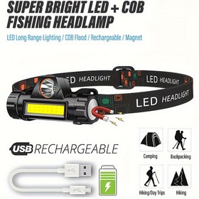 Resim 1 adet Süper Parlak LED+COB Balıkçılık Kafa Lambası, Ayarlanabilir Işınlı Şarj Edilebilir USB Projektör, Yüksek Güçlü LED, Mat ABS, Su Geçirmez Değil, 150 Lümen, 30m Menzil, Gece Balıkçılığı, Yürüyüş, Kamp, Babalar Günü, Noel, Cadılar Bayramı, Yeni Yıl, İşçi Bayramı Hediyeleri için İdeal 