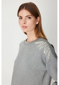 Resim On Fashion Kadın Omuzları İncili Sıfır Yaka Gri Sweatshirt 66338 Gri 