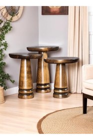 Resim ASELYA HOME Doğal Ahşap 3’lü Set Mantar Yan Sehpa Modern Fiskos Zigon Çiçeklik 