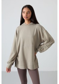 Resim Tommy Life Koyu Bej Balon Kol Yazı Nakışlı Kadın Oversize Tunik Sweatshirt - 97163 Koyu Bej 