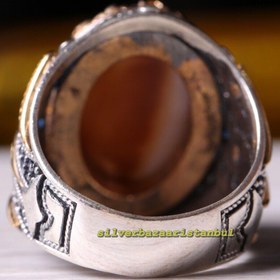 Resim Kabdi Yemen Agate Aqeeq and Sapphire 925 Sterling Silver Mens Ring - US: 8 / 57.5 mm / Turk: 17.5 