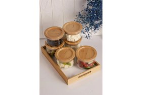 Resim Feyza Design Bambu Duo 300ML 6'lı Beyaz Tepsili Kapaklı Cam Kahvaltılık Seti 