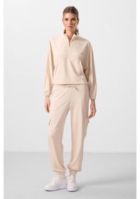 Resim Bej Yumuşak Dokulu Dik Yaka Gizli Fermuarlı Oversize Kadın Eşofman Takım - 95351 Bej 