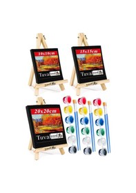 Resim Mini Şövale Siyah Tuval 10x10 15x15 20x20 Cm 3 Adet Akrilik Boya 6 Renk Ve Fırça Mini Siyah Tuval Masaüstü Küçük Şövale 