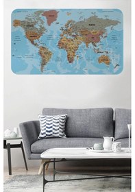 Resim Türkçe Eğitici Ülke Ve Başkent Okyanus Detaylı Atlası Dünya Haritası Duvar Sticker -60x105-3849 Renkli 