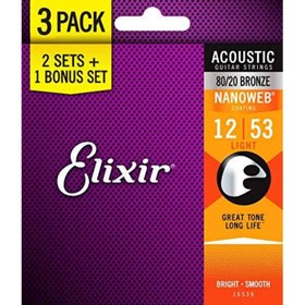 Resim Elixir 16539 Nanoweb 80/20 Bronze Light Akustik Gitar Teli (12-53) | 3'lü Paket 