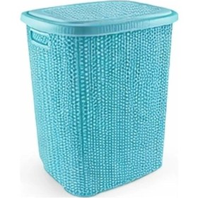 Resim Kirli Çamaşır Sepeti Kapaklı 65 Lt Örgü Desenli Plastik Çamaşır Sepeti Banyo Sepeti - Turkuaz Renkli 