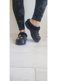 Resim İçi Kürklü Taşlı Şık Doktor Hemşire Aşcı Terliği Siyah 