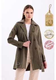 Resim Pastelastore Esnek Pamuk Gabardin Kısa 80cm Omuz Apoletli Kemerli Kadın Trençkot 1120 Haki Yeşil 