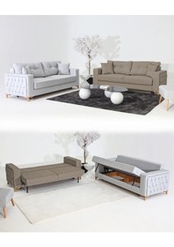 Resim Nola Koltuk Takımı 3+3 & Bazalı Yataklı Koltuk & Kanepe - Keten Gri-latte 