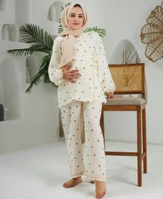 Resim Lolly Babies Lohusa Pijama Takımı | Kahverengi Kalp | Pamuk - M 