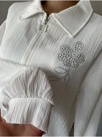 Resim Sublime Butik Kadın Fermuarlı Yazlık Ince Tesettür Beyaz Hırka Gömlek 