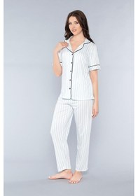 Resim Alperi Boydan Düğmeli Kısa Kol Çizgili Pijama Takımı Mevsimlik Viskon Aperi 780-37 Mavi 