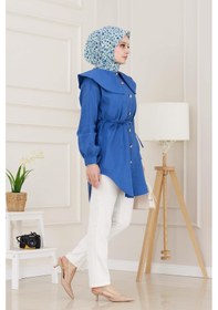 Resim Sevitli Beli Bağcık Detaylı Geniş Yaka Tunik-indigo-4994 Indigo 