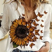 Resim Ayçiçeği Baskılı Kadın Günlük Uzun Kollu Yaka Gömlek - Polyester, Makinede Yıkanabilir 